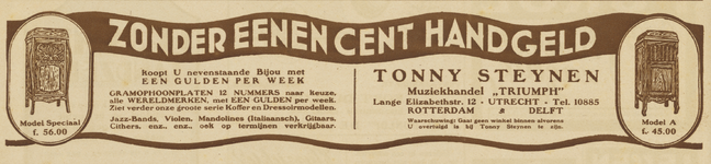 717221 Advertentie van Tonny Steynen, Muziekhandel 'Triumph', Lange Elisabethstraat 12 te Utrecht.